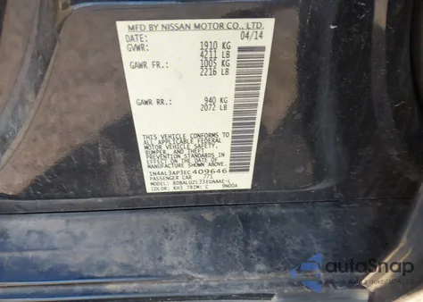 2014 Nissan Altima 2.5 Sv z USA, uszkodzony, nr VIN 1N4AL3AP3EC409646